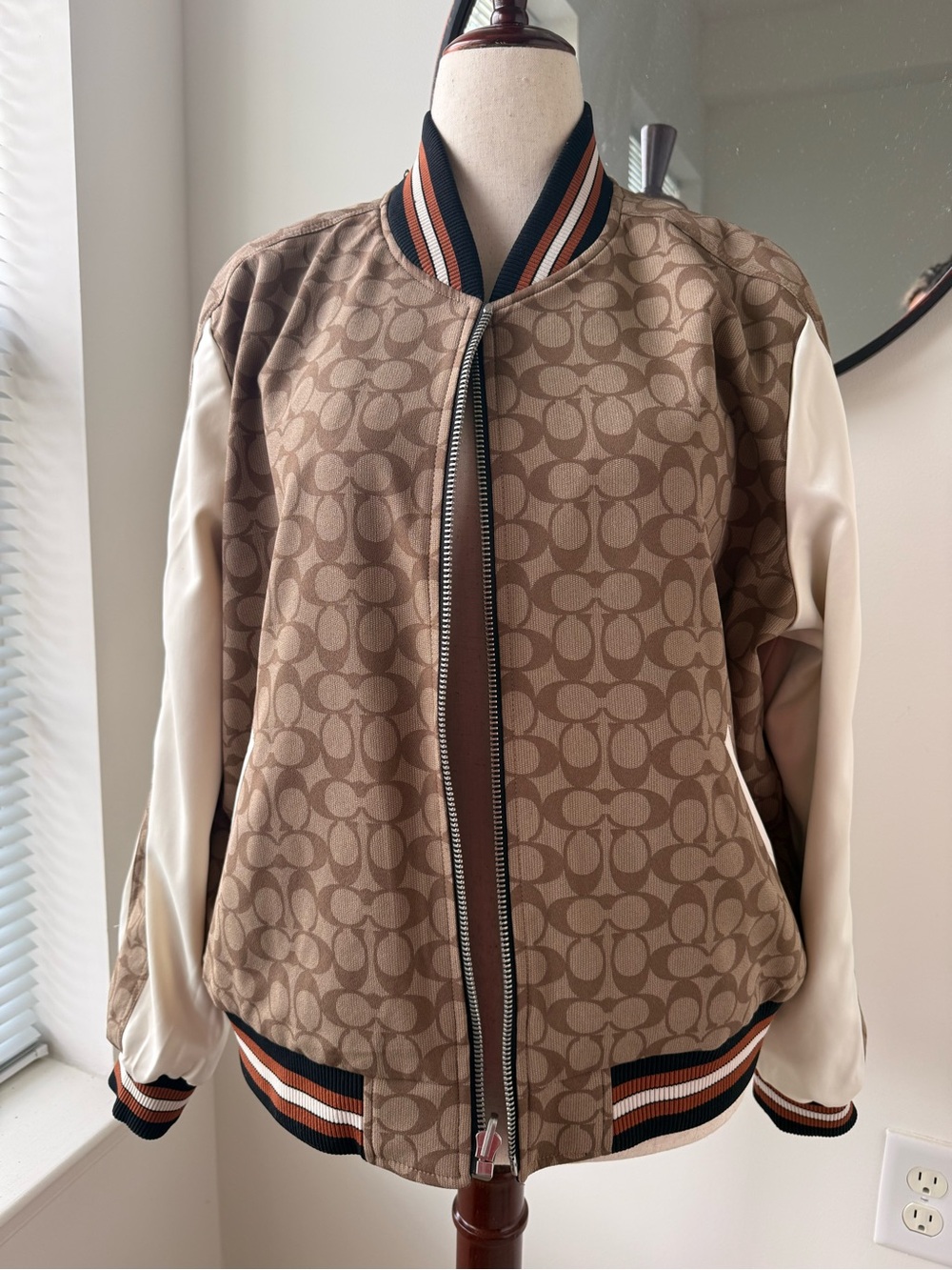 Coach Reversible Navy Bomber Jacket with Cream Sleeves and Floral Embroidery - Picture 3 of 11
